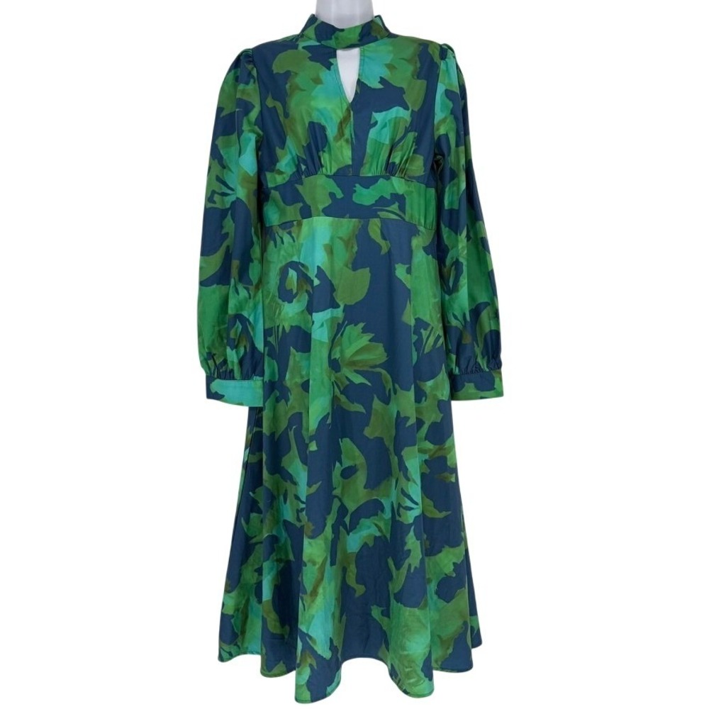 Green Navy Abstract Floral Empire Waist Keyhole Mock Neck‎ Long Dress Large 70s